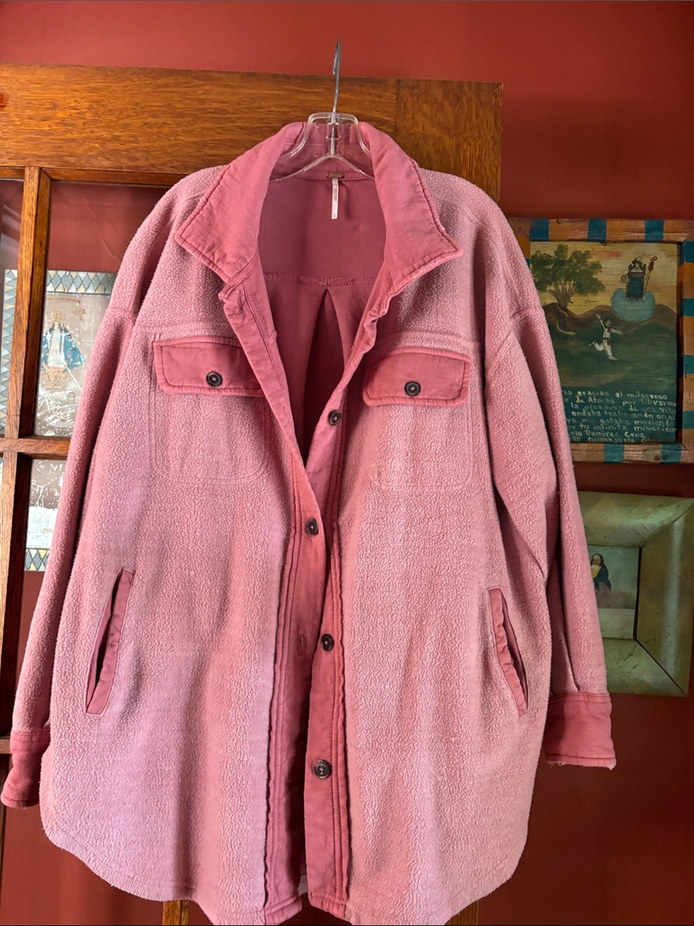 Free People Rose Pink Teddy Fleece Button-Up Coat